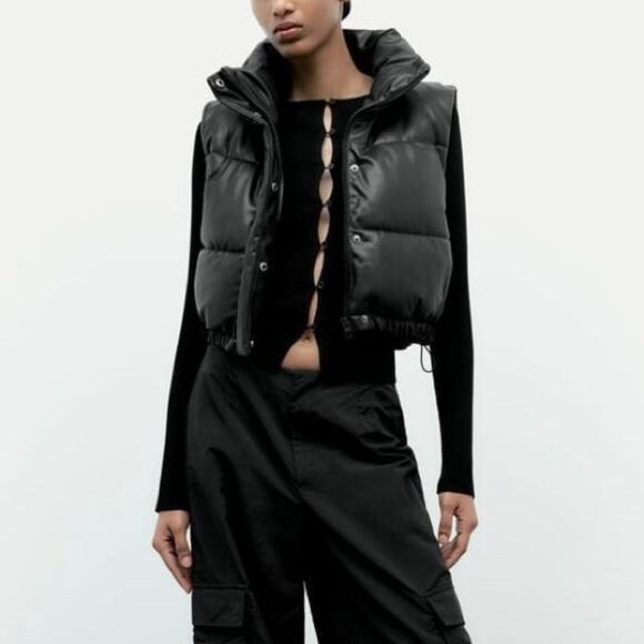 Zara Faux Leather Cropped Puffer Vest in Black Size XS - Picture 13 of 13